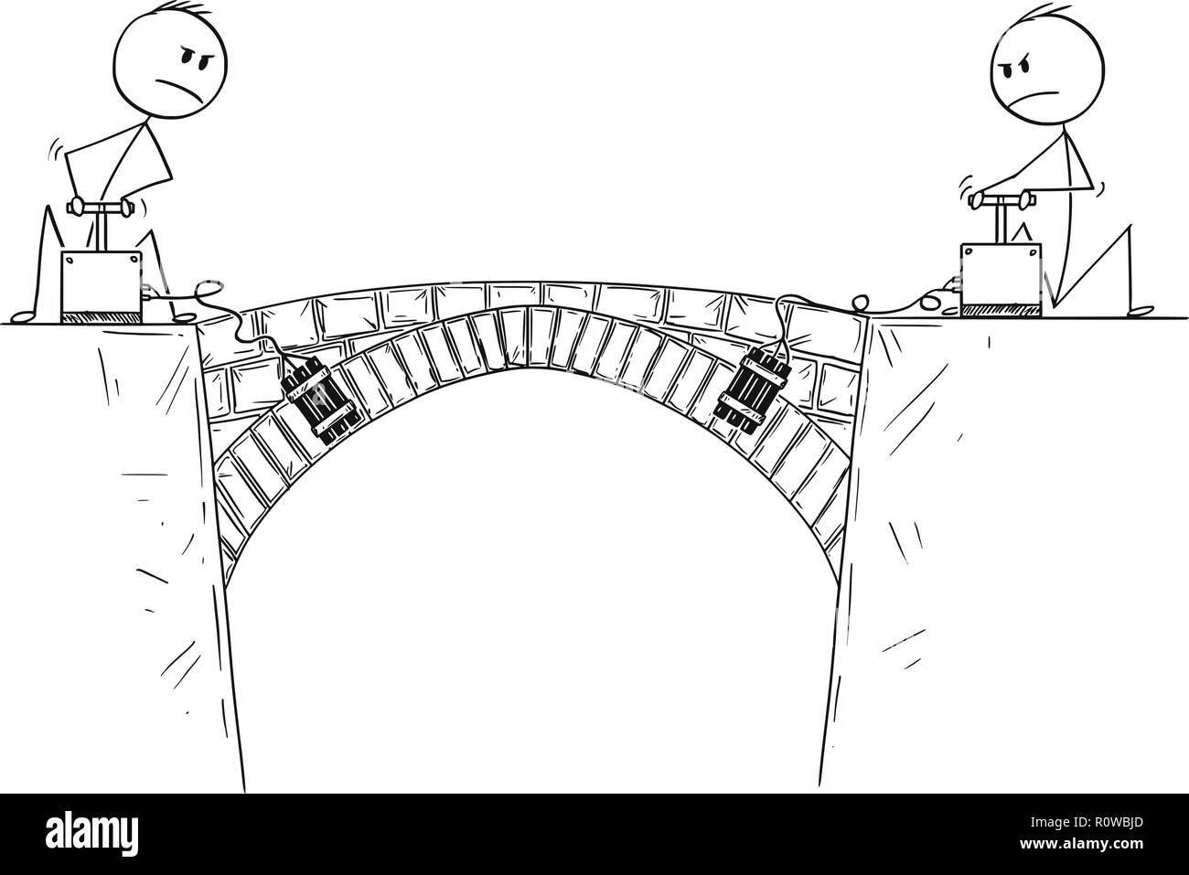 Cartoon di due uomini politici o uomini di affari pronto a distruggere il ponte tra di loro Illustrazione Vettoriale