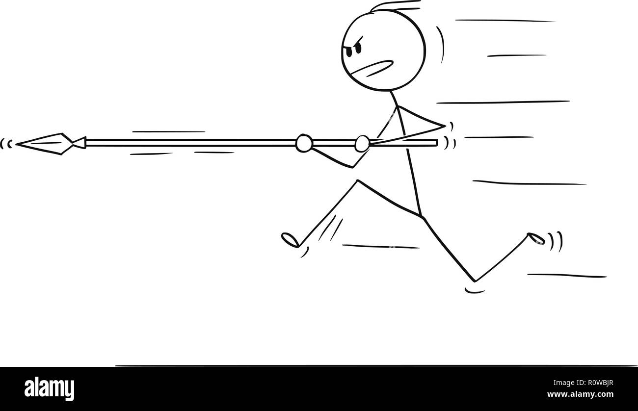 Cartoon di uomo o imprenditore in esecuzione, carica o attaccando con lancia Illustrazione Vettoriale