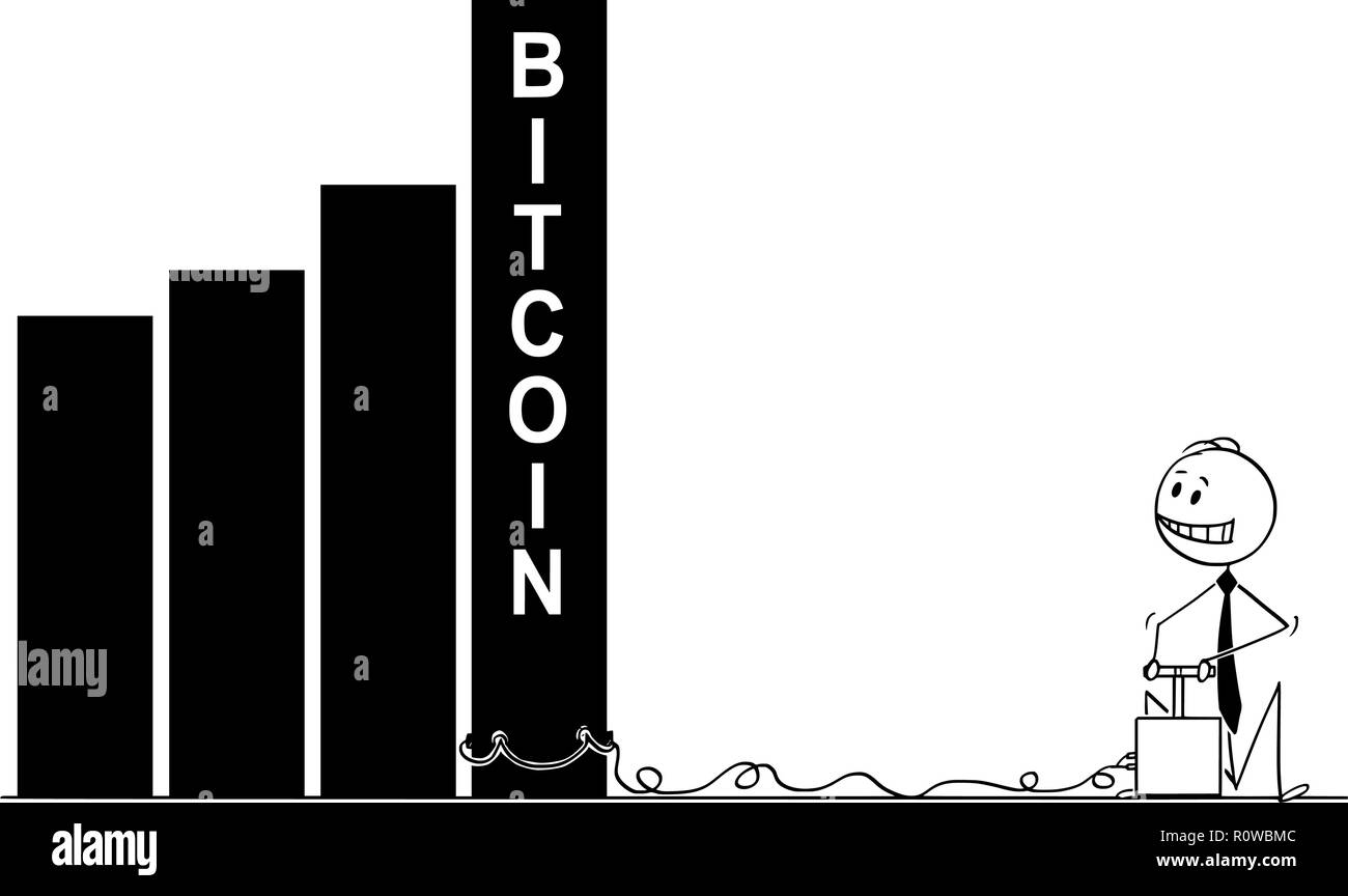 Cartoon di imprenditore utilizzando il detonatore ed esplosivo per distruggere Bitcoin grafico o diagramma Illustrazione Vettoriale