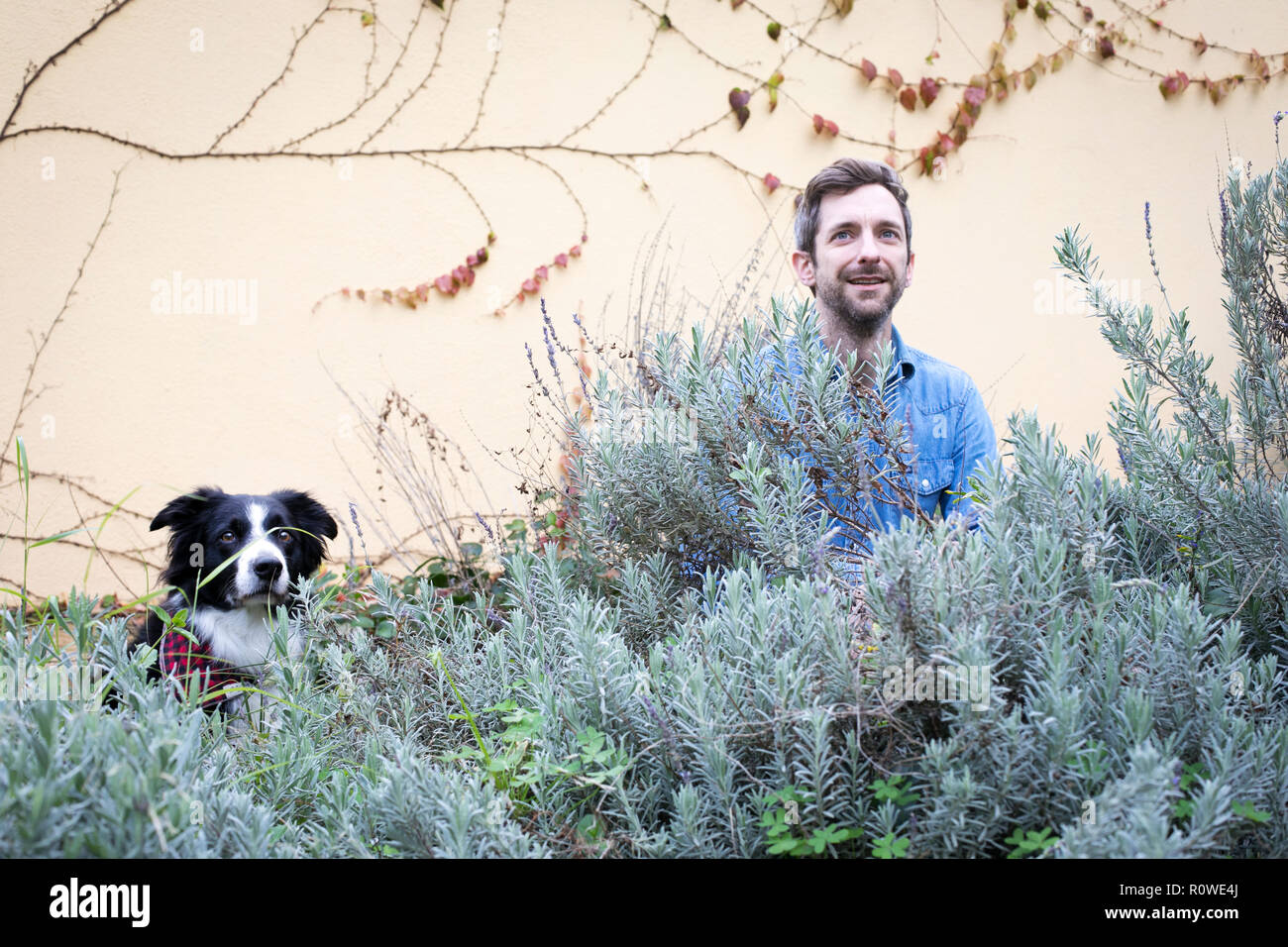 Ritratto di graphic designer Andrew Knapp con il suo cane Momo, un Border Collie, in un arresto di Lisbona, durante il viaggio attraverso l'Europa. Foto Stock