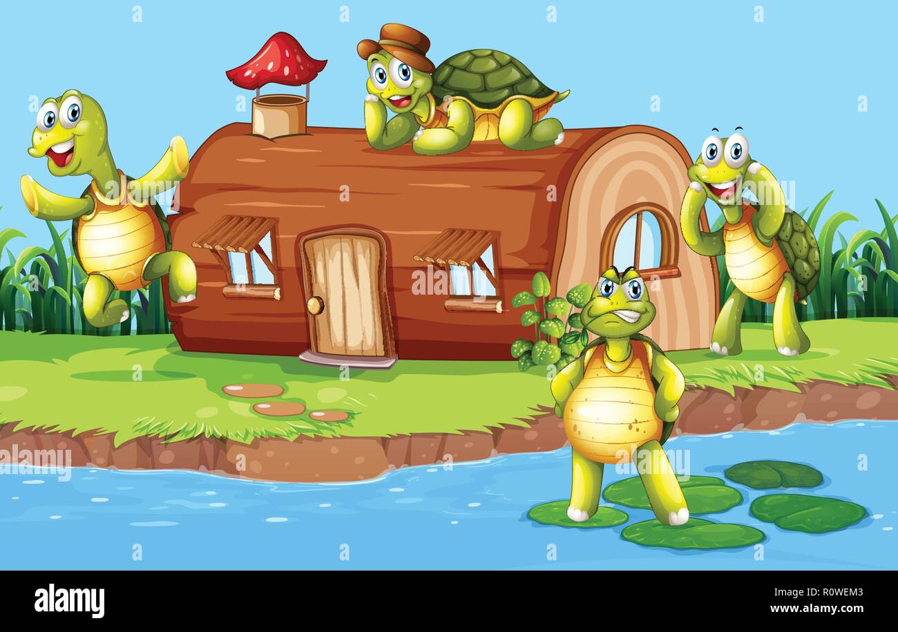 Turtle presso la casa in legno illustrazione Illustrazione Vettoriale