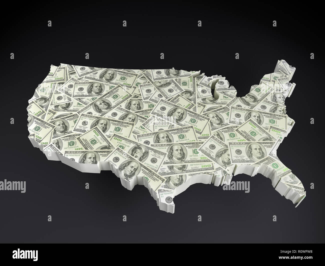 3D render di di Mappa USA con sovrapposto un centinaio di dollari di banconote su sfondo grigio scuro Foto Stock