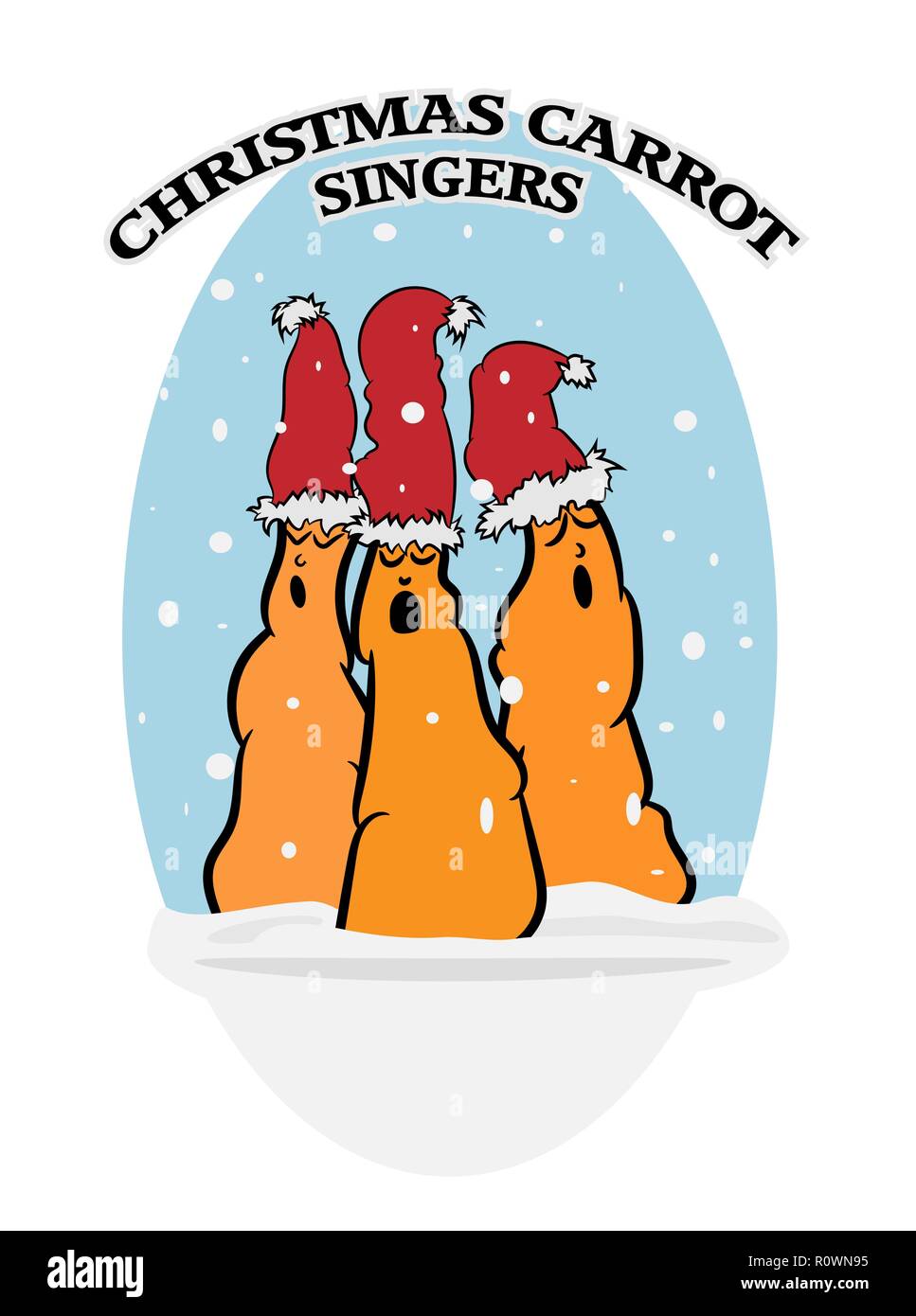 Disegno animato di graziosi Natale cantanti di carota in un paesaggio di neve, illustrazione vettoriale Illustrazione Vettoriale