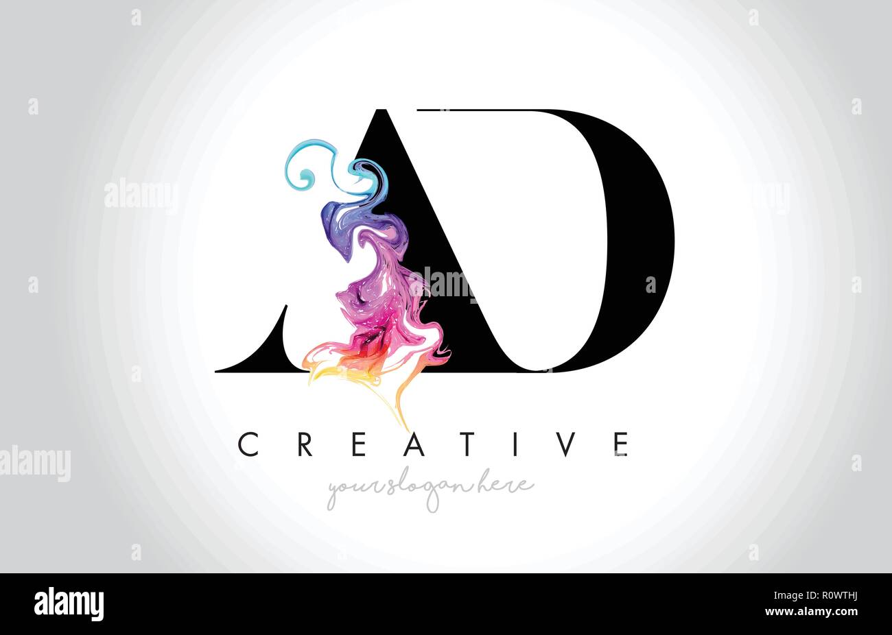 Annuncio vibrante Leter Creative Logo Design con fumo colorato inchiostro che scorre illustrazione vettoriale. Illustrazione Vettoriale