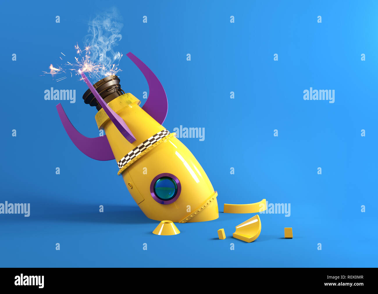 Un giocattolo retrò rocket crash torna a terra e la rottura in bit. 3D illustrazione Foto Stock