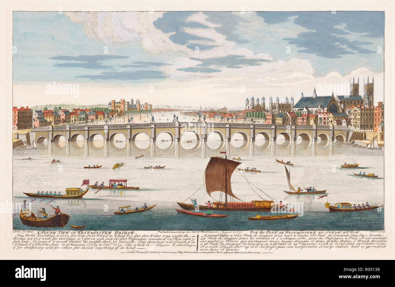 "A sud vista di Westminster Bridge". Dopo una stampa datata 1751. Colorati a mano. Abbazia di Westminster dietro il ponte sulla destra. Foto Stock