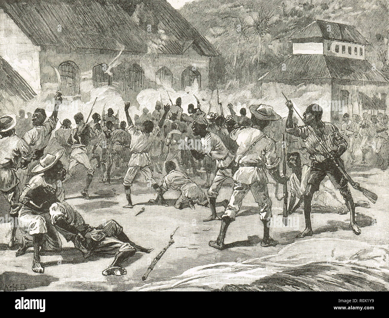 La Morant Bay rebellion, San Tommaso-nel-East, Giamaica, 11 ottobre 1865. L'attacco al palazzo di giustizia Foto Stock