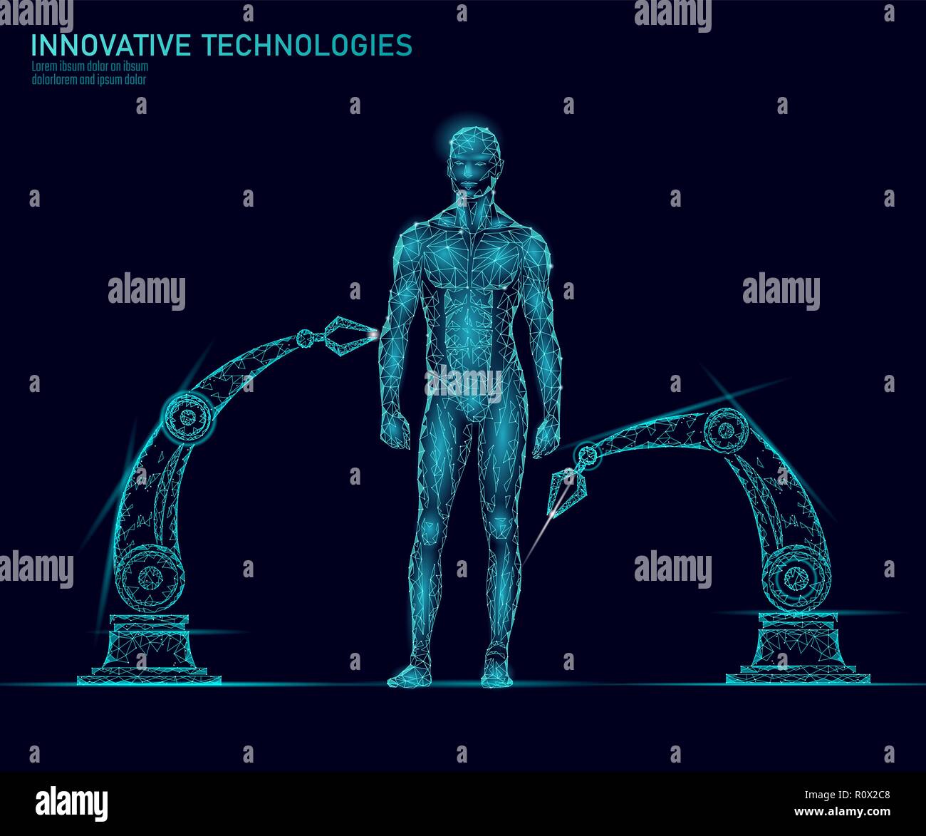 Regolazione del corpo umano anatomia. Ingegneria del DNA scienza innovazione tecnologia di Superman. Genoma ricerca sanitaria medicina di clonazione bassa poli 3D Rendering poligonale di realtà virtuale illustrazione vettoriale Illustrazione Vettoriale