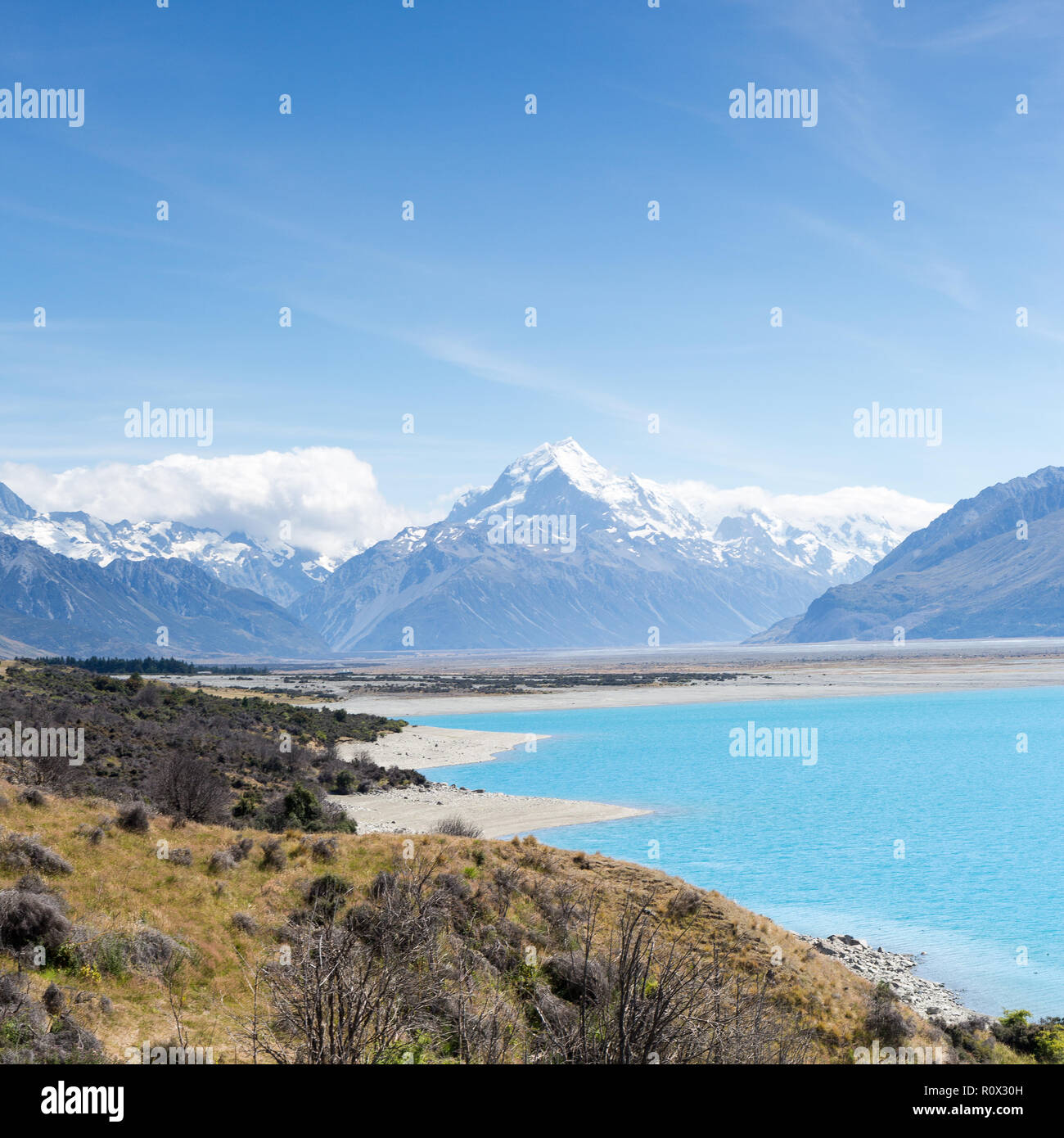 Lago Pukaki e Mount Cook / Aoraki Foto Stock