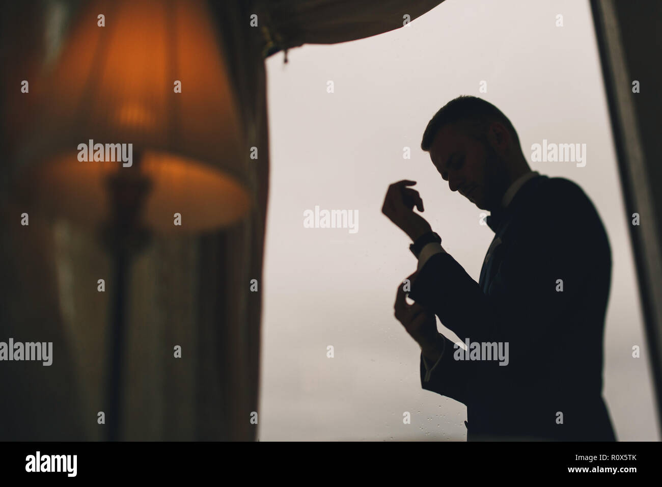 Elegante lo sposo in una camera di hotel Foto Stock