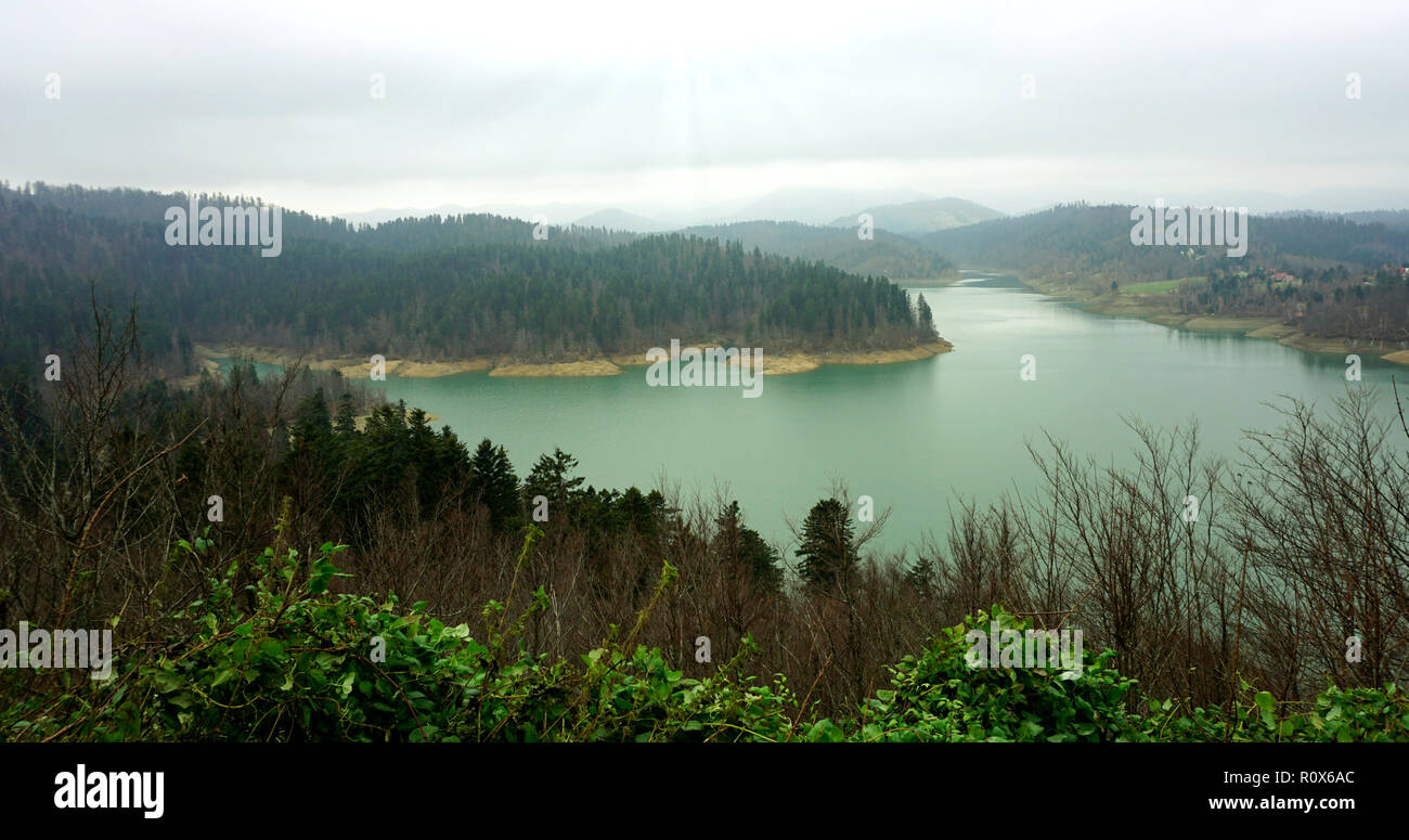 In silenzio l'acqua. Splendido paesaggio in autunno, con il lago nel verde del tono di colore Foto Stock