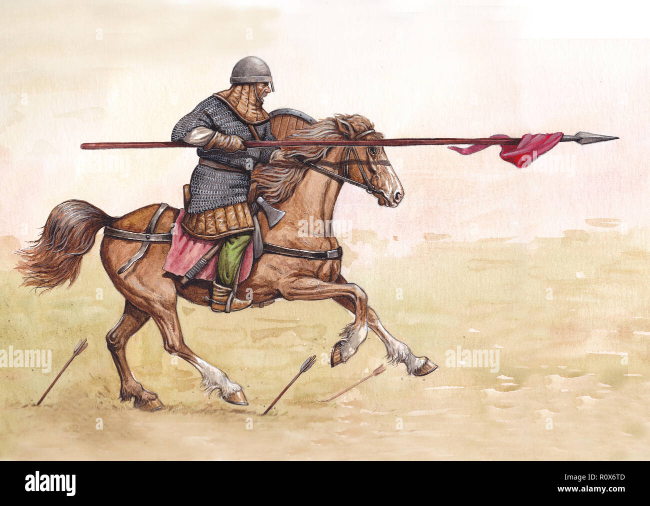 Cavaliere cavaliere. Tedesco (ottonico) pesante cavalleria carica alla battaglia. Illustrazione storica. Foto Stock