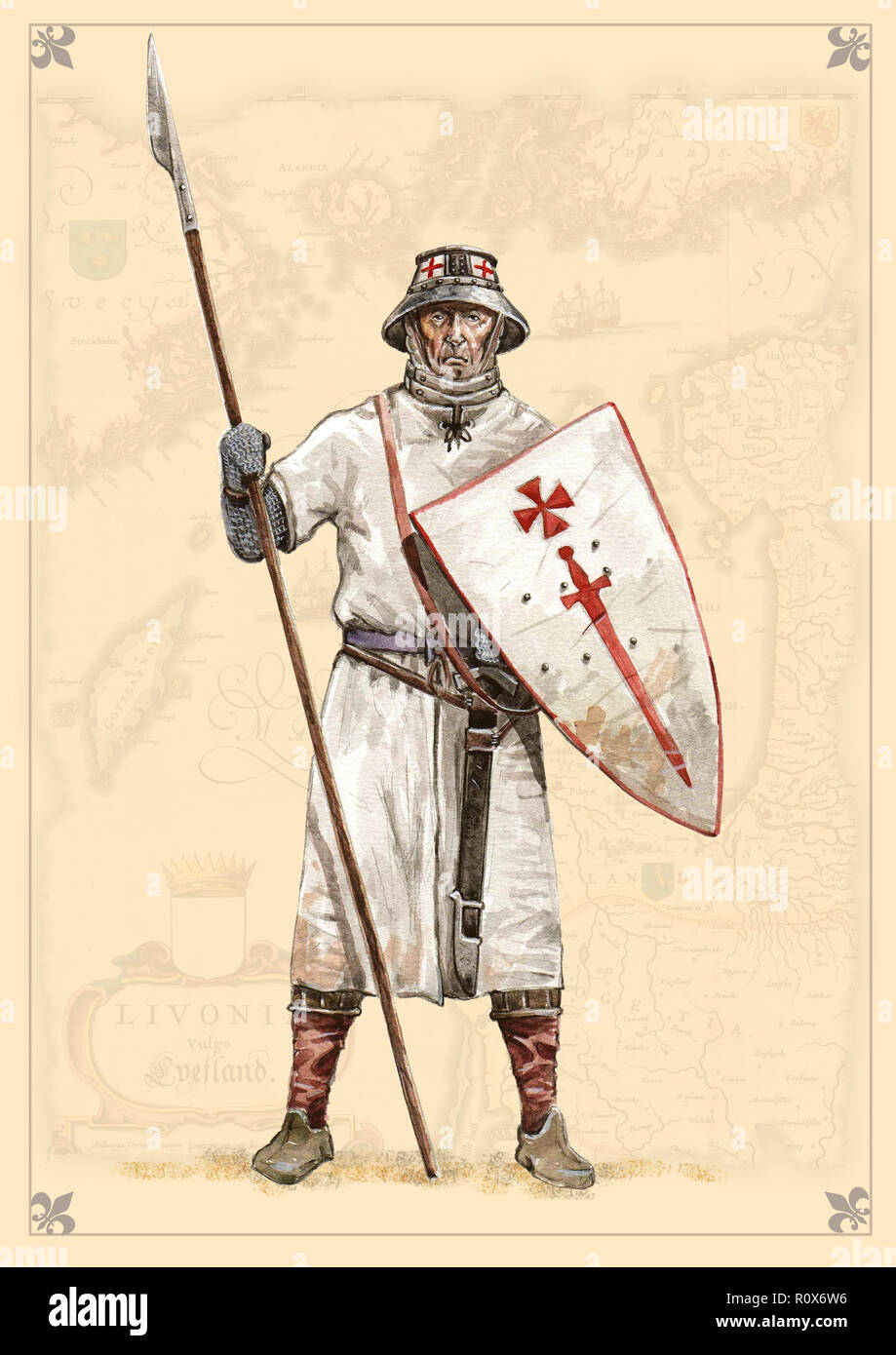 Crociato medievale. Fratelli Livoni della Spada, XIII secolo. Illustrazione storica. Foto Stock