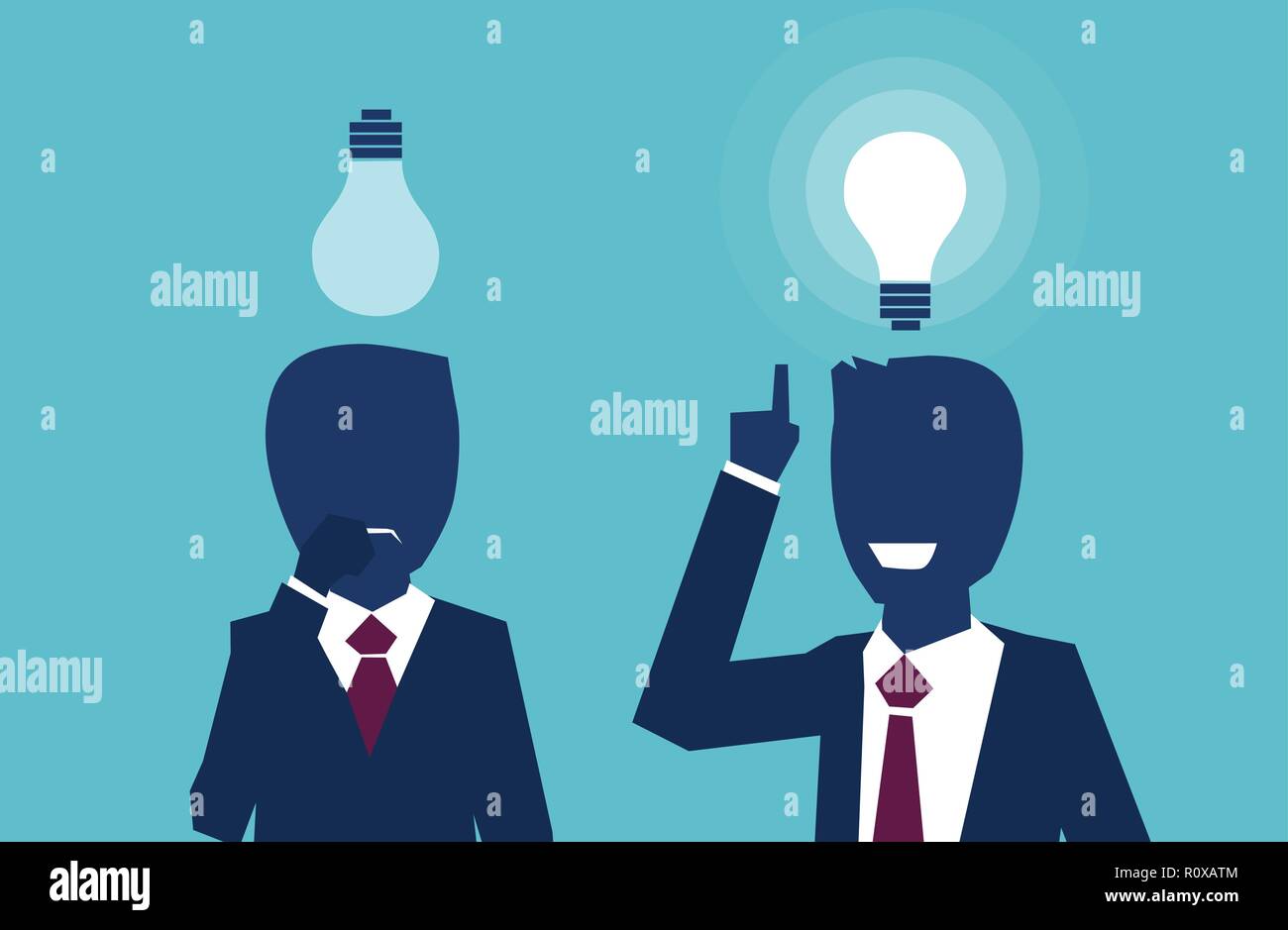 Vettore di due imprenditori pensare guardando il lampadine uno avente una brillante idea un altro sentimento confuso. Le competenze cognitive di concetto Illustrazione Vettoriale