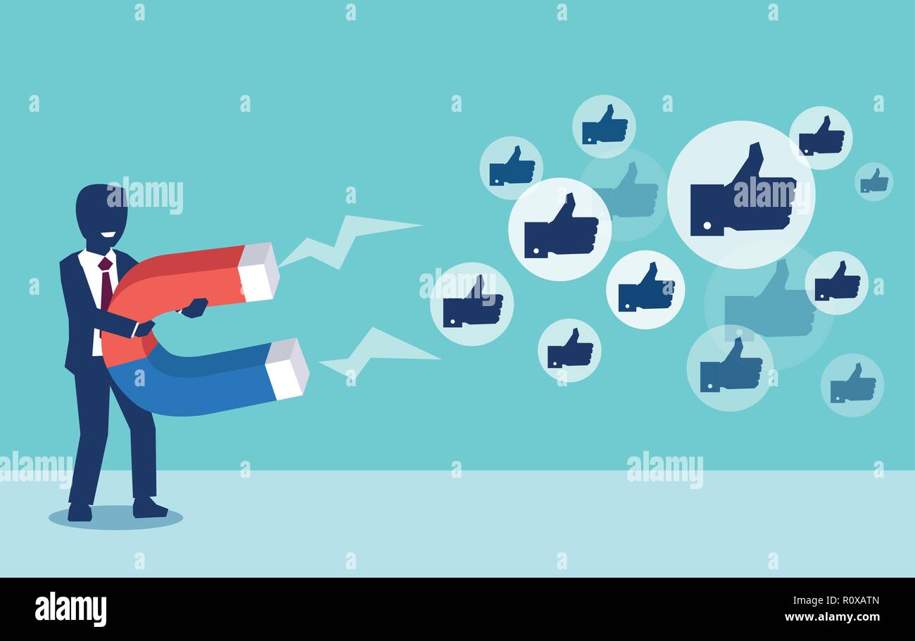 Il social media marketing concetto. Vettore di un giovane imprenditore attirare ama con un enorme magnete Illustrazione Vettoriale