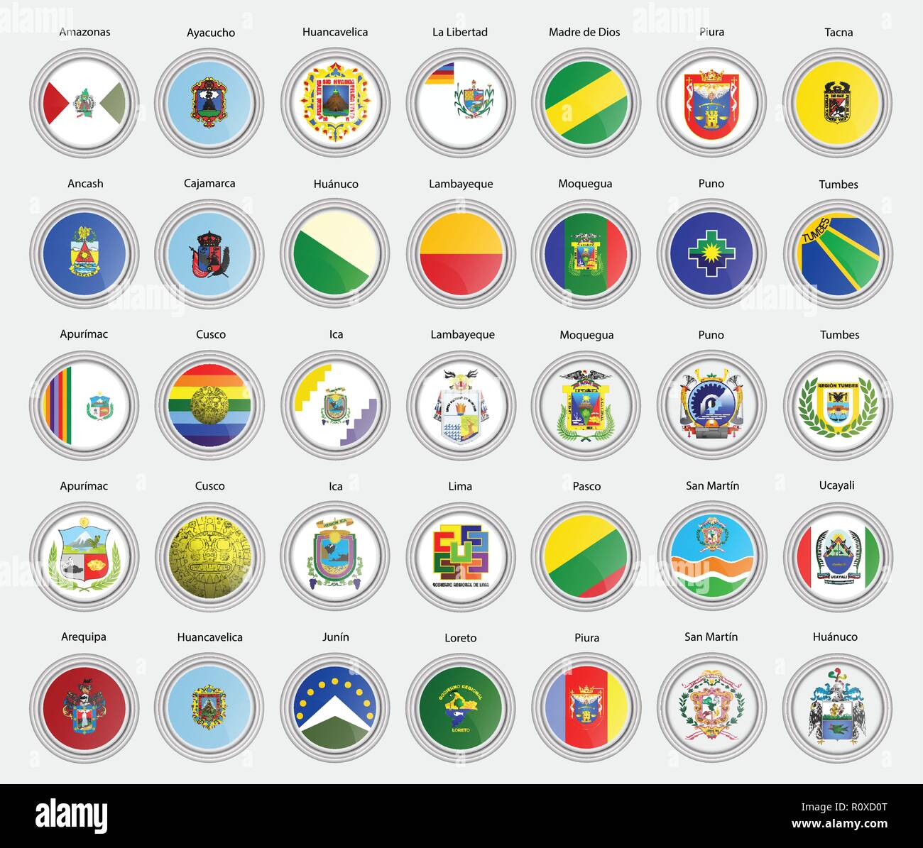 Set di icone vettoriali. Regioni del Perù bandiere. 3D'illustrazione. Illustrazione Vettoriale