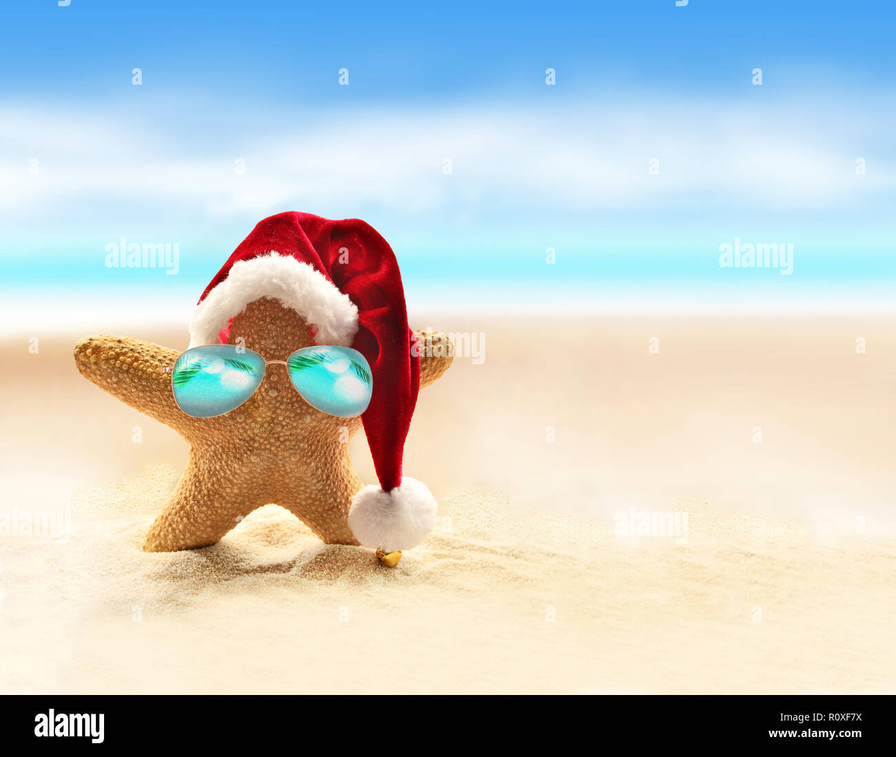 Starfish in rosso santa hat al mare. Natale in estate Foto Stock