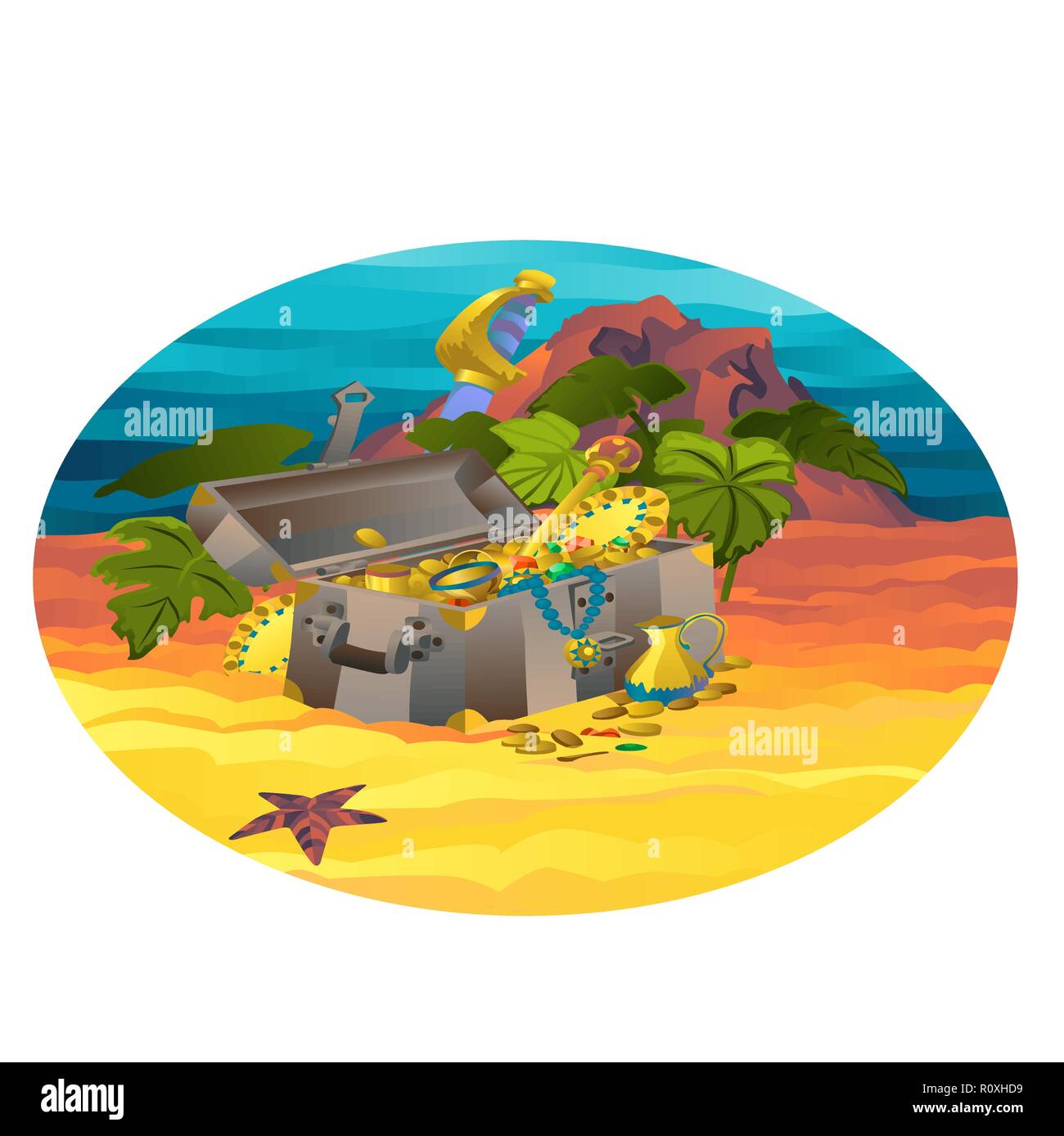 Poster ovale con metallo torace pirata e monete d'oro e gioielli. Vector cartoon close-up illustrazione. Illustrazione Vettoriale