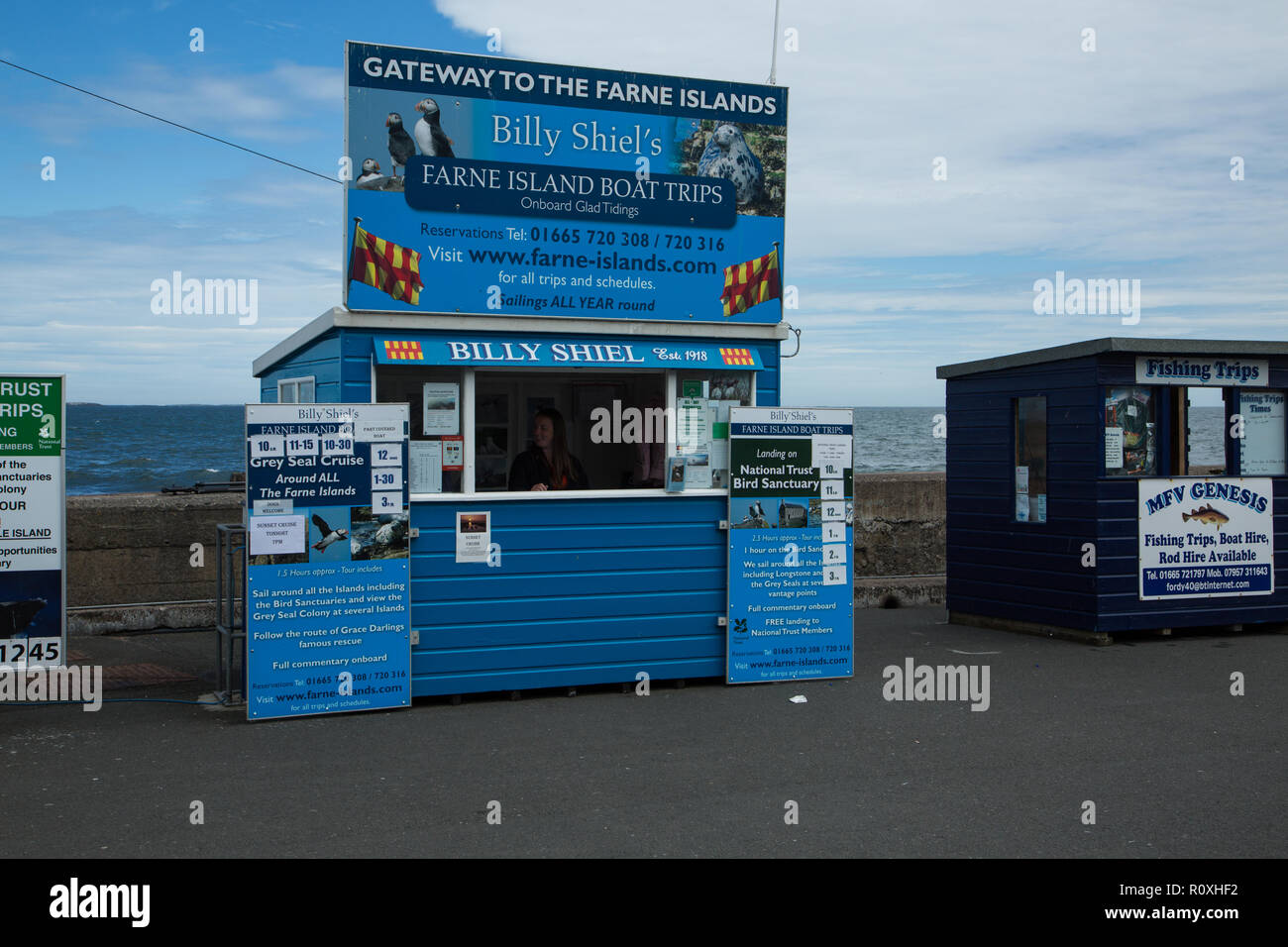 Billy Shiel's farne isole escursioni in barca capanna biglietto venduto biglietti per turisti, Northumberland, Regno Unito Foto Stock