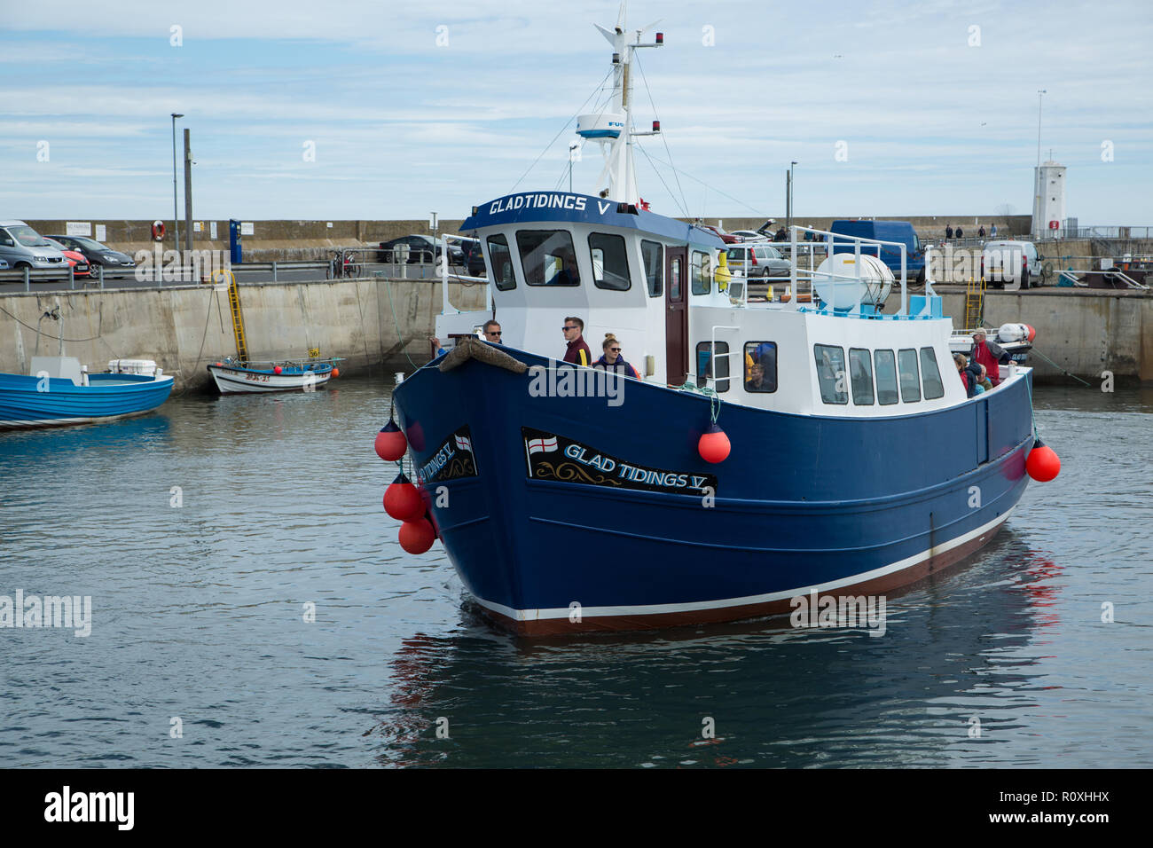 Il lieto annunzio crociera in barca per le isole farne proveniente in attraccare in porto Seahouses Seahouses, villaggio, Northumberland, Regno Unito Foto Stock