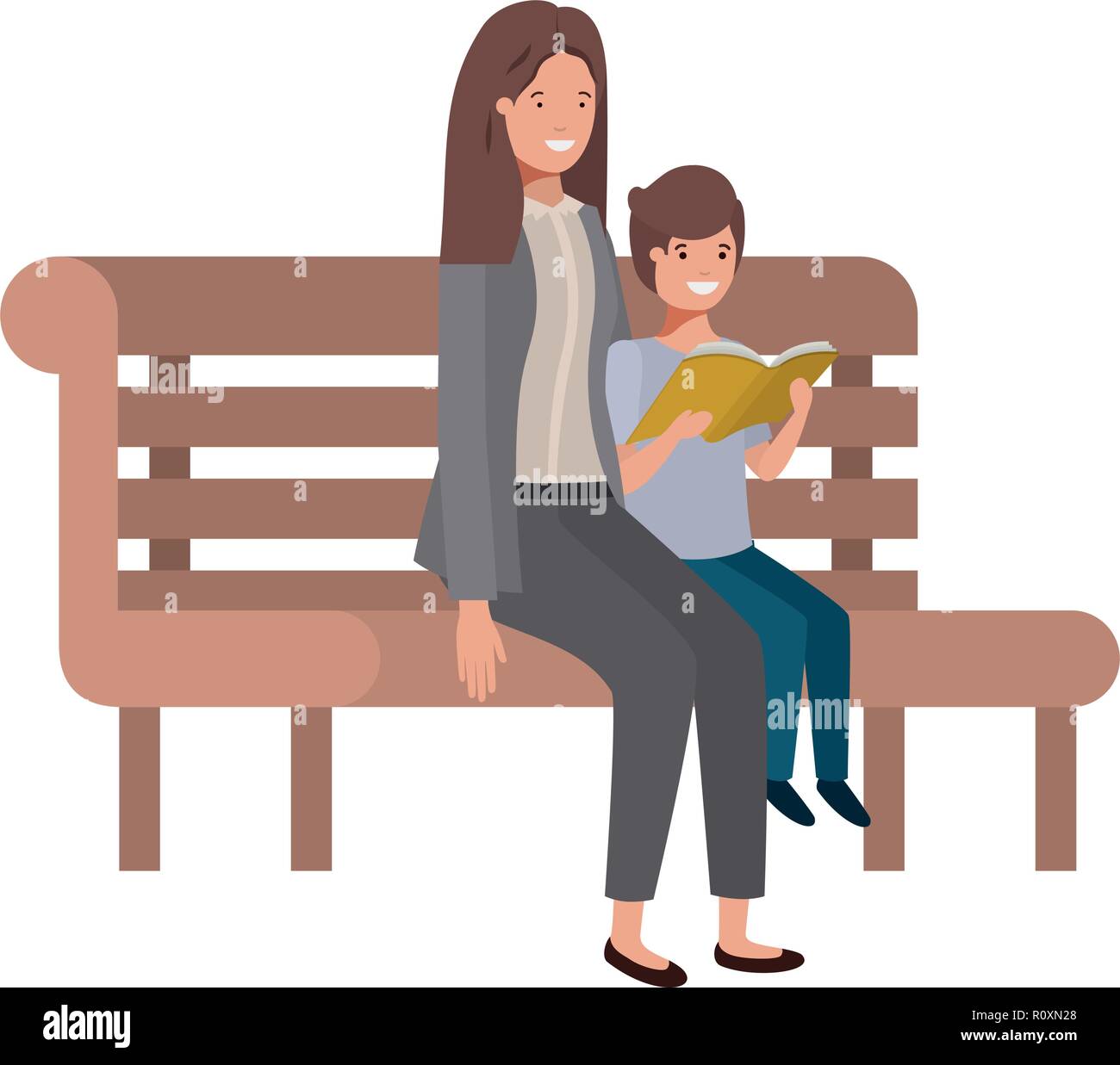 La madre e il Figlio seduto nella sedia parco carattere avatar Illustrazione Vettoriale