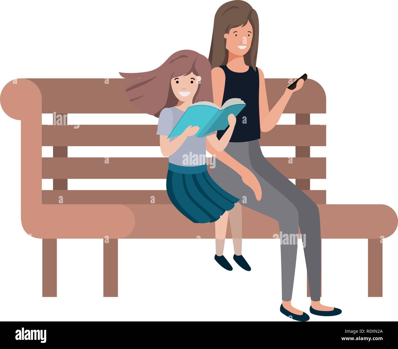 Madre e figlia seduto nella sedia parco carattere avatar Illustrazione Vettoriale