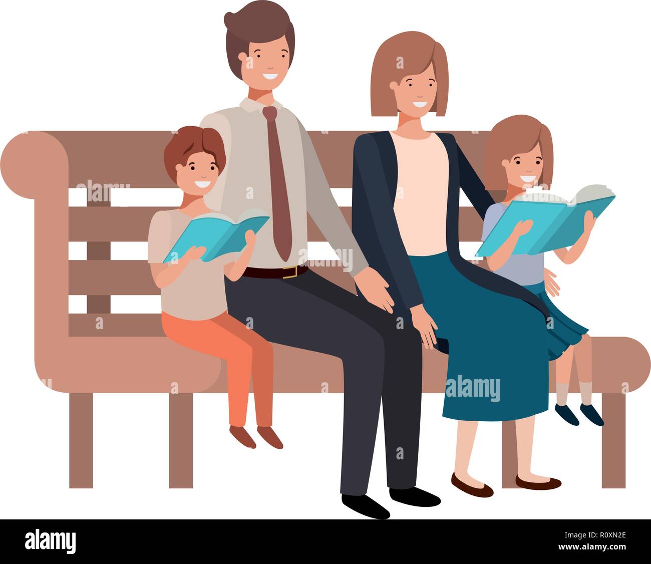 Coppia di genitori con bambini seduti in poltrona del parco Illustrazione Vettoriale