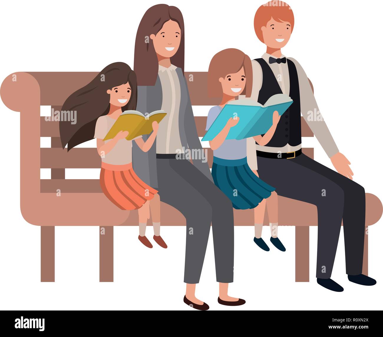 I genitori giovane con daugether seduto nella sedia del parco Illustrazione Vettoriale