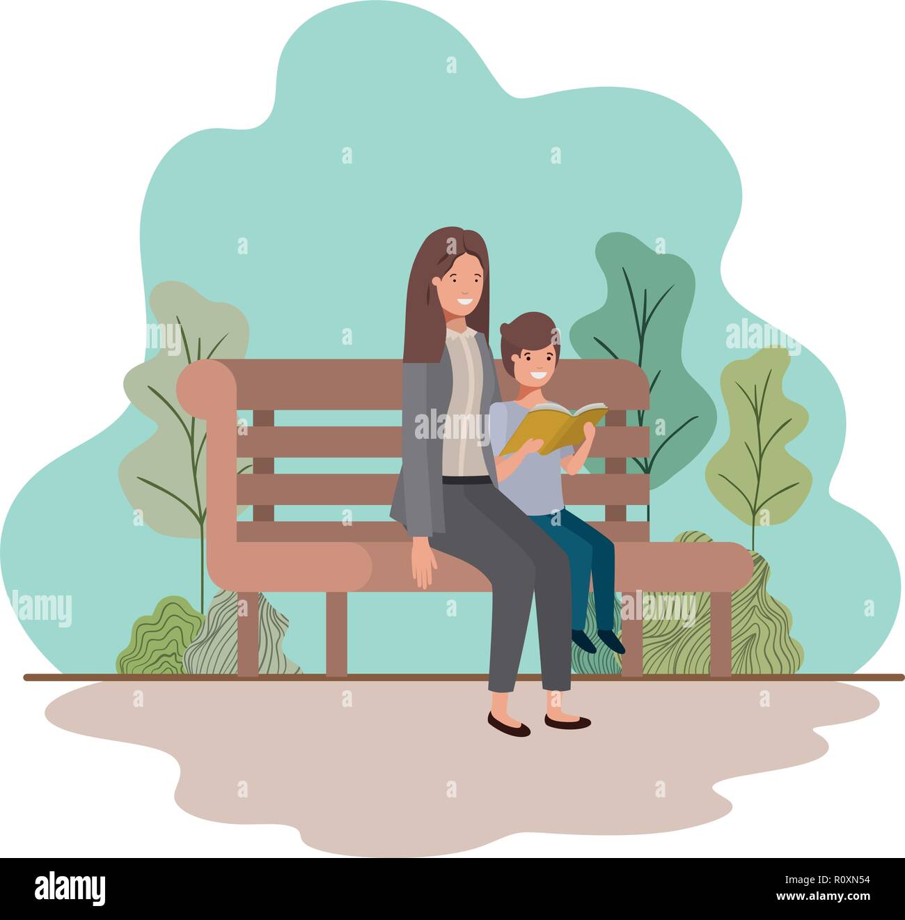 La madre e il Figlio seduto nella sedia parco carattere avatar Illustrazione Vettoriale