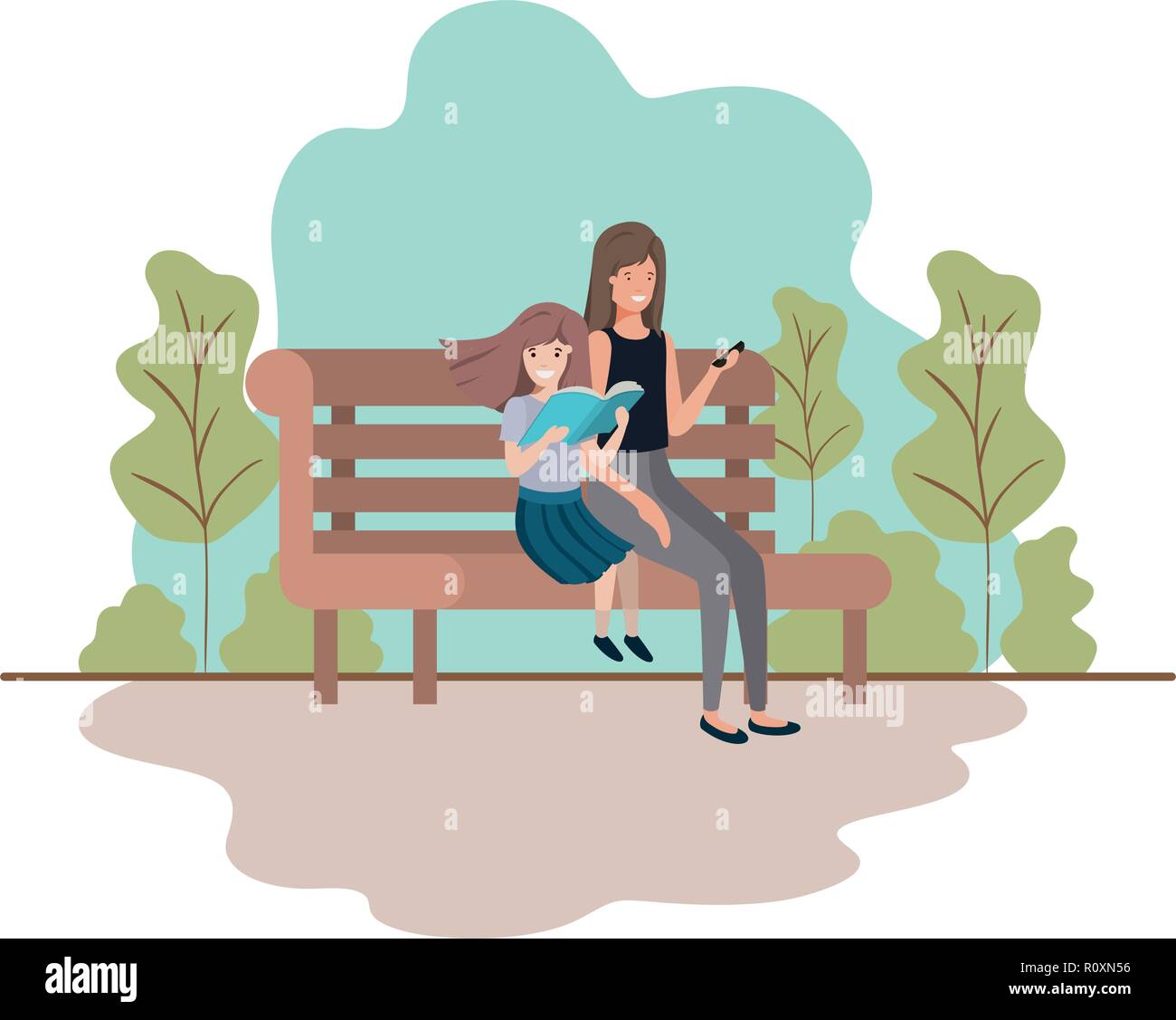 Madre e figlia seduto nella sedia parco carattere avatar Illustrazione Vettoriale