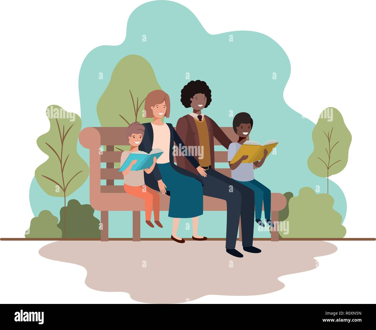 Coppia di genitori con bambini seduti in poltrona del parco Illustrazione Vettoriale