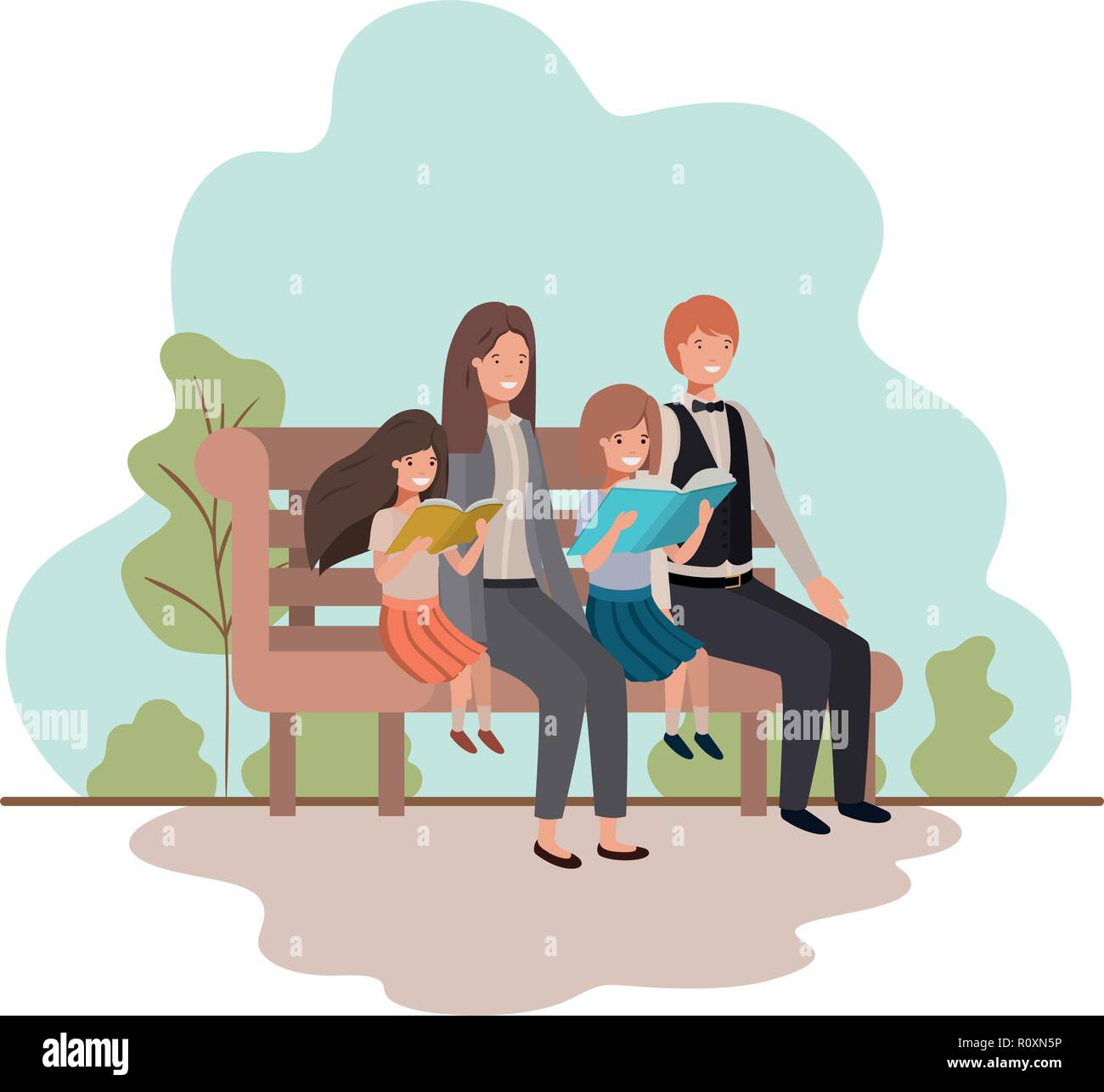 I genitori giovane con daugether seduto nella sedia del parco Illustrazione Vettoriale
