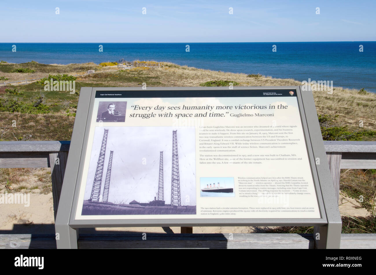 Informazioni storiche visualizzazione alla stazione Marconi Sito Wellfleet Cape Cod su Guglielmo Marconi e la prima wireless trasmissione transatlantica Foto Stock