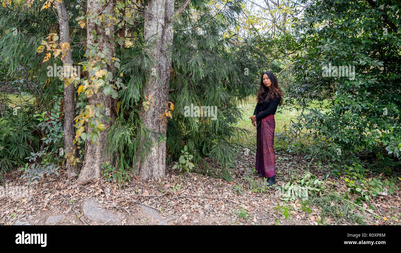 Donna Thai in piedi nella foresta accanto agli alberi di sarong Foto Stock