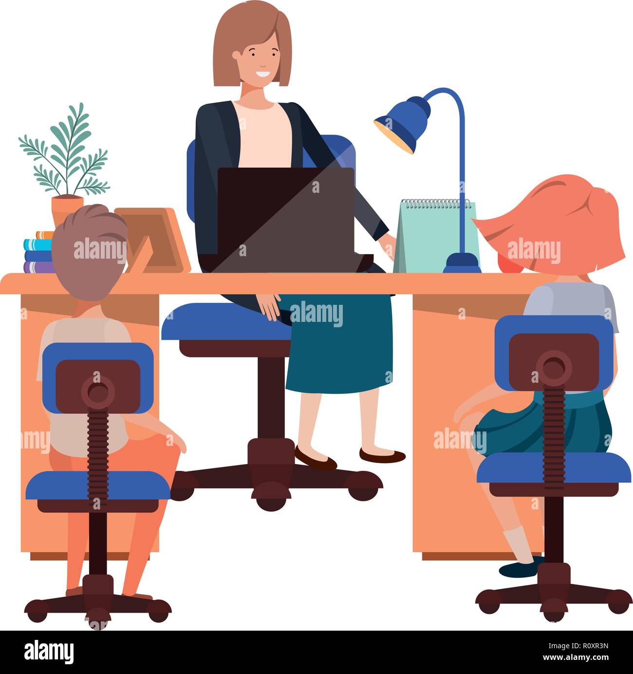 Imprenditrice in ufficio con bambini carattere avatar Illustrazione Vettoriale