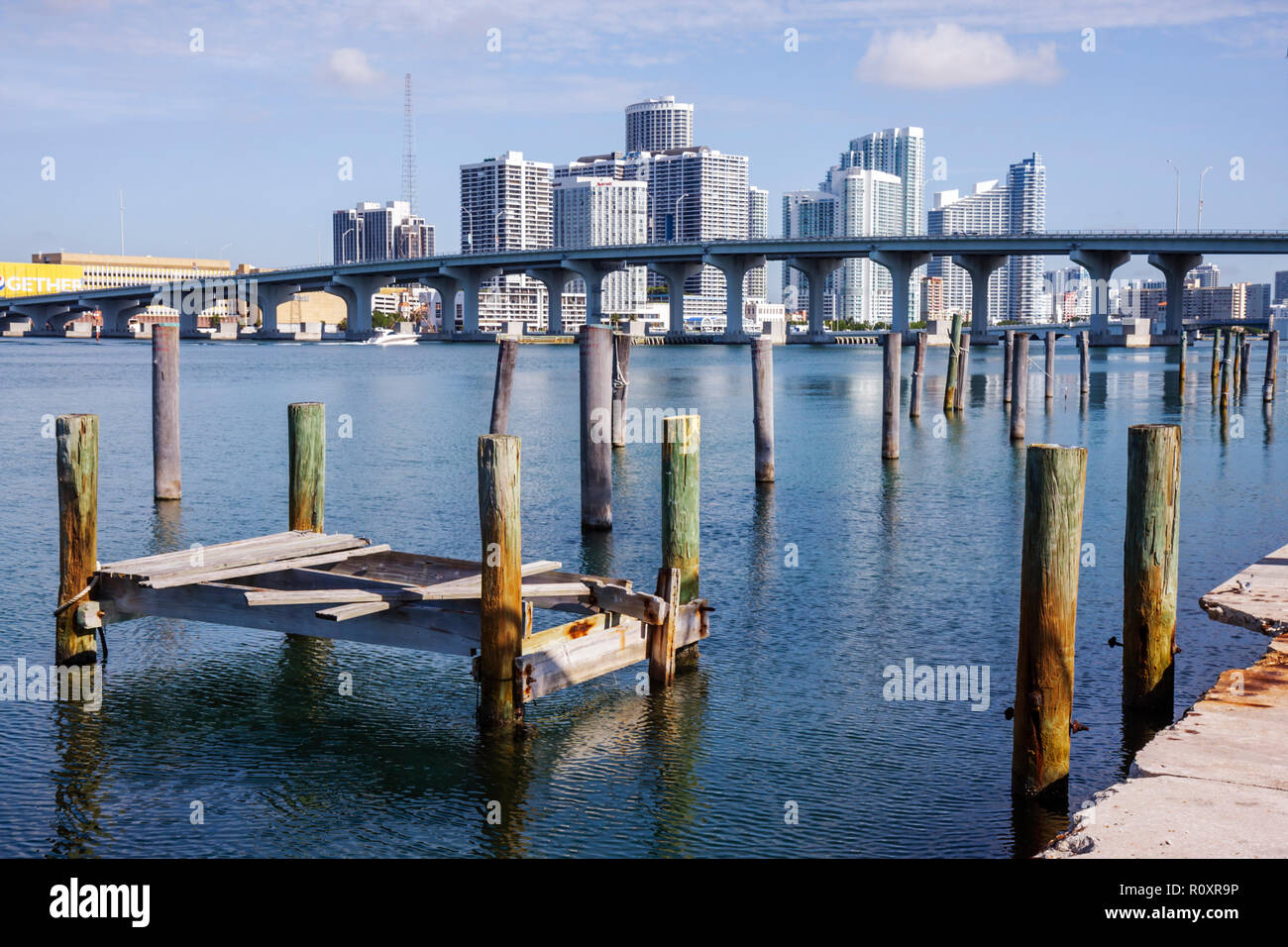 Miami Florida, Watson Island, Biscayne Bay, MacArthur Causeway, palme, ponte, skyline della città, edifici, skyline della città, condomini, alloggi, alti grattacieli Foto Stock