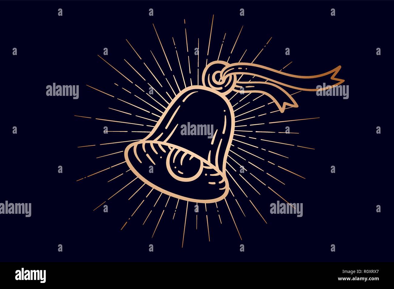 Le campane di Natale. Golden segno Jingle Bells con raggi di luce Illustrazione Vettoriale