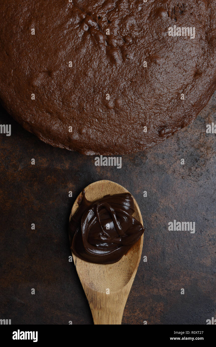 Piatto closeup laici di un unfrosted torta al cioccolato con un cucchiaio di legno e un ciuffo di glassa. Foto Stock