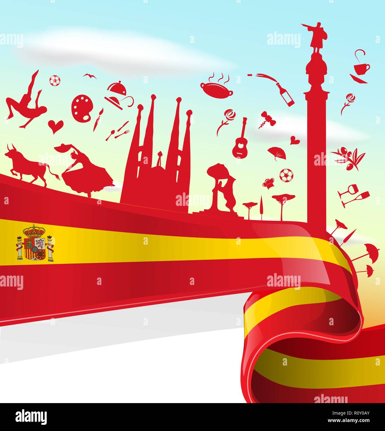 Elemento di Spagna sulla bandiera con lo sfondo del cielo Illustrazione Vettoriale