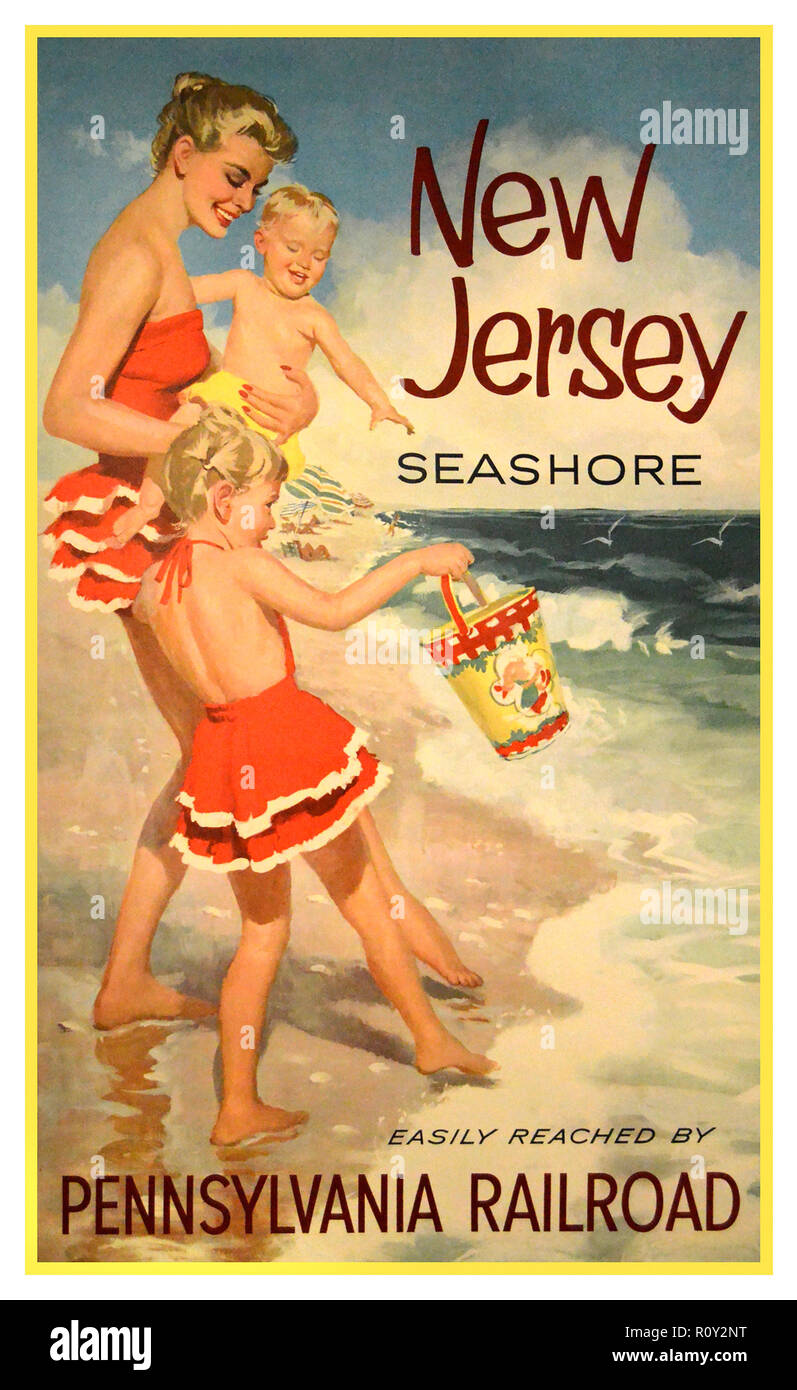 Vintage retrò anni cinquanta America Travel Poster New Jersey Seashore con Pennsylvania Railroad trasporti USA Foto Stock