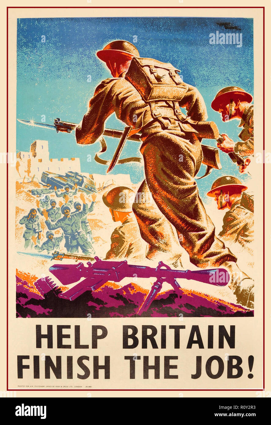 Vintage la Seconda Guerra Mondiale la propaganda poster WW2 - 'Guida Gran Bretagna finire il lavoro!" - dotata di una dinamica opera dell'artista britannico Marcus Stone (1909-1991) che mostra i soldati britannici armati di fucile a baionetta pistole in avanti di carica su un campo di battaglia verso la cessione di soldati tedeschi in piedi di fronte a un serbatoio con i loro bracci tiene alta, di seguito il testo in grassetto nero le lettere. Foto Stock