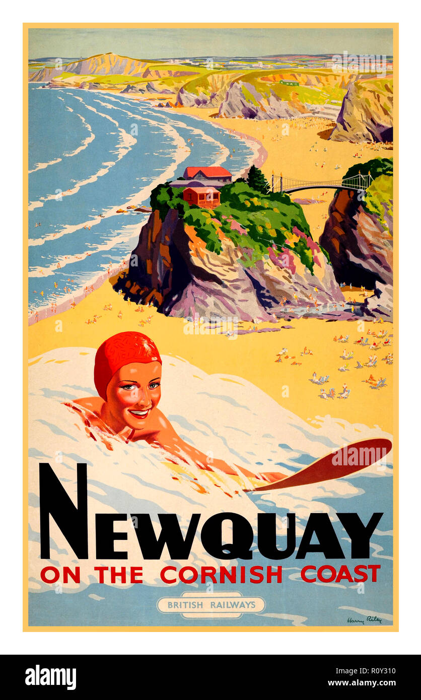 NEWQUAY 1940's CORNWALL BEACH SEA COAST BRITISH RAILWAYS UK Vintage British Rail Poster 1948 viaggio originale poster vintage di Newquay Surf femmina Surf Surfer Cornish Cornwall British Railways da H. A. Riley Foto Stock