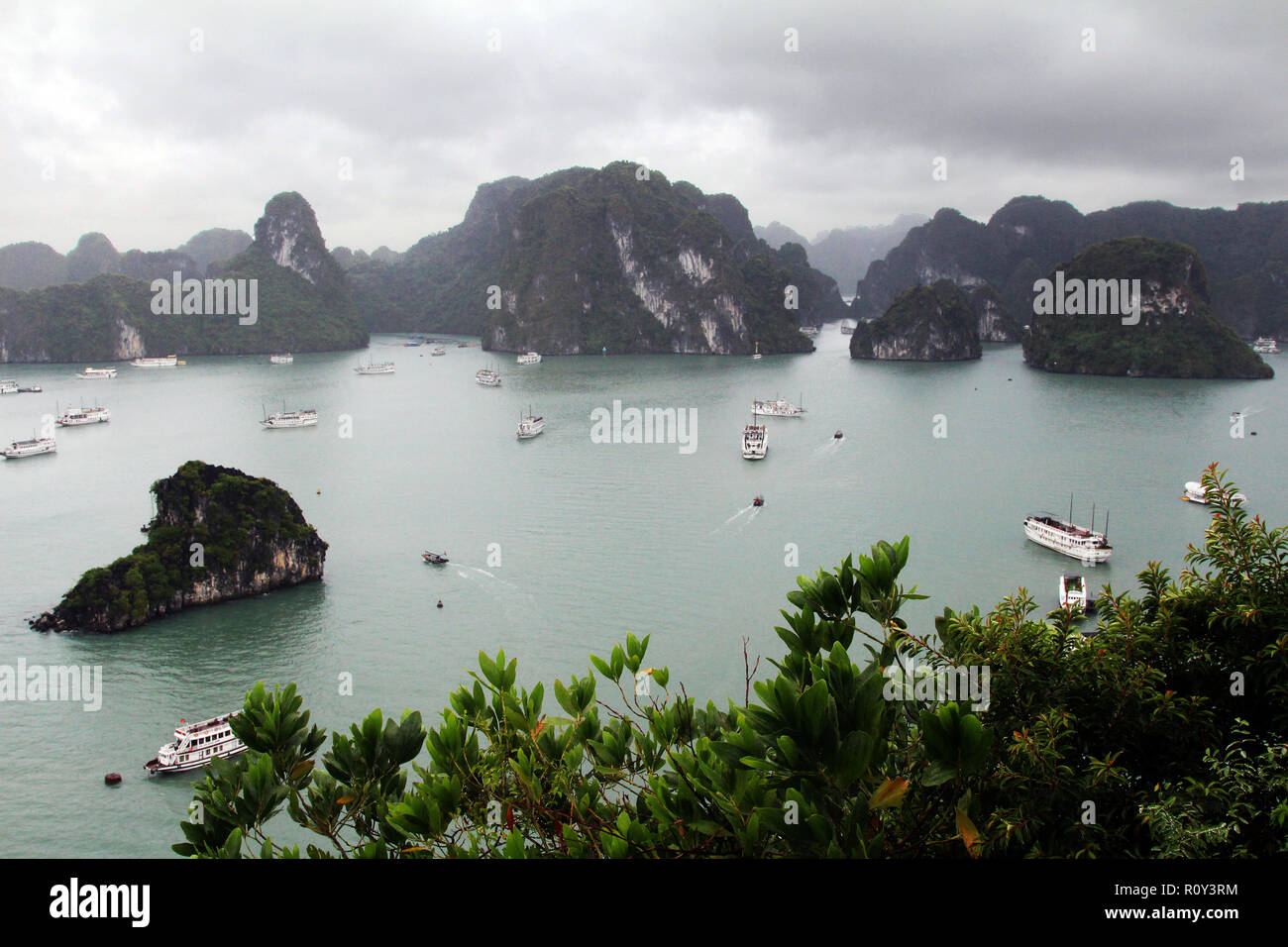 Birdseye vista da un guardano alla Baia di Ha Long, Vietnam Foto Stock