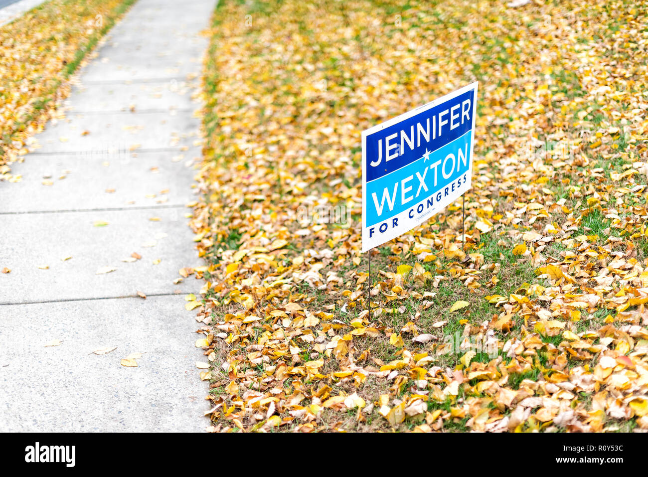 Herndon, Stati Uniti d'America - 1 Novembre 2018: elezione politica firmare per il Congresso democratico donna Jennifer Wexton rappresentante sul prato in autunno, foglie d'oro f Foto Stock