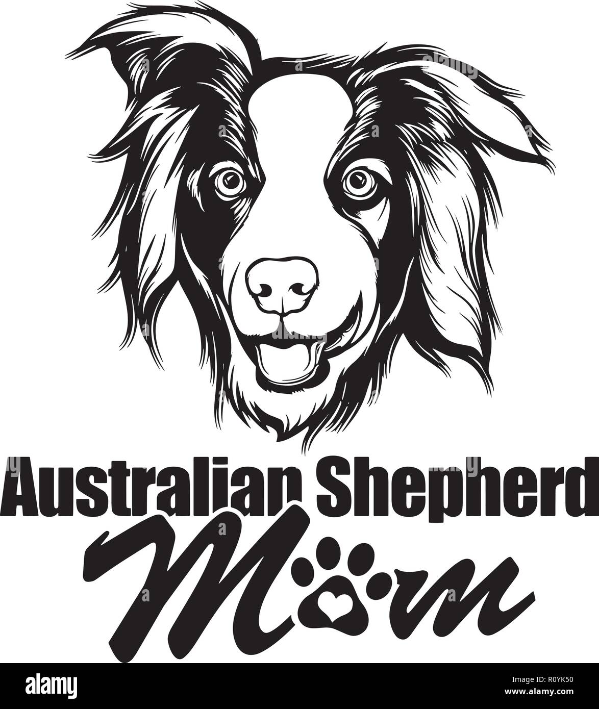 Pastore australiano cane di razza isolato di testa Pedigree Pet ritratto sorride felice Faccia da cucciolo animale illustrazione Cartoon ritratto arte Artwork carino Illustrazione Vettoriale