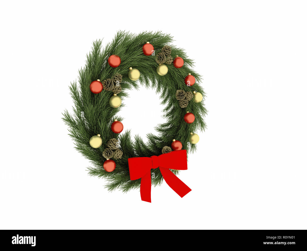 3D render decorazioni di Natale, ornamenti, albero. Foto Stock