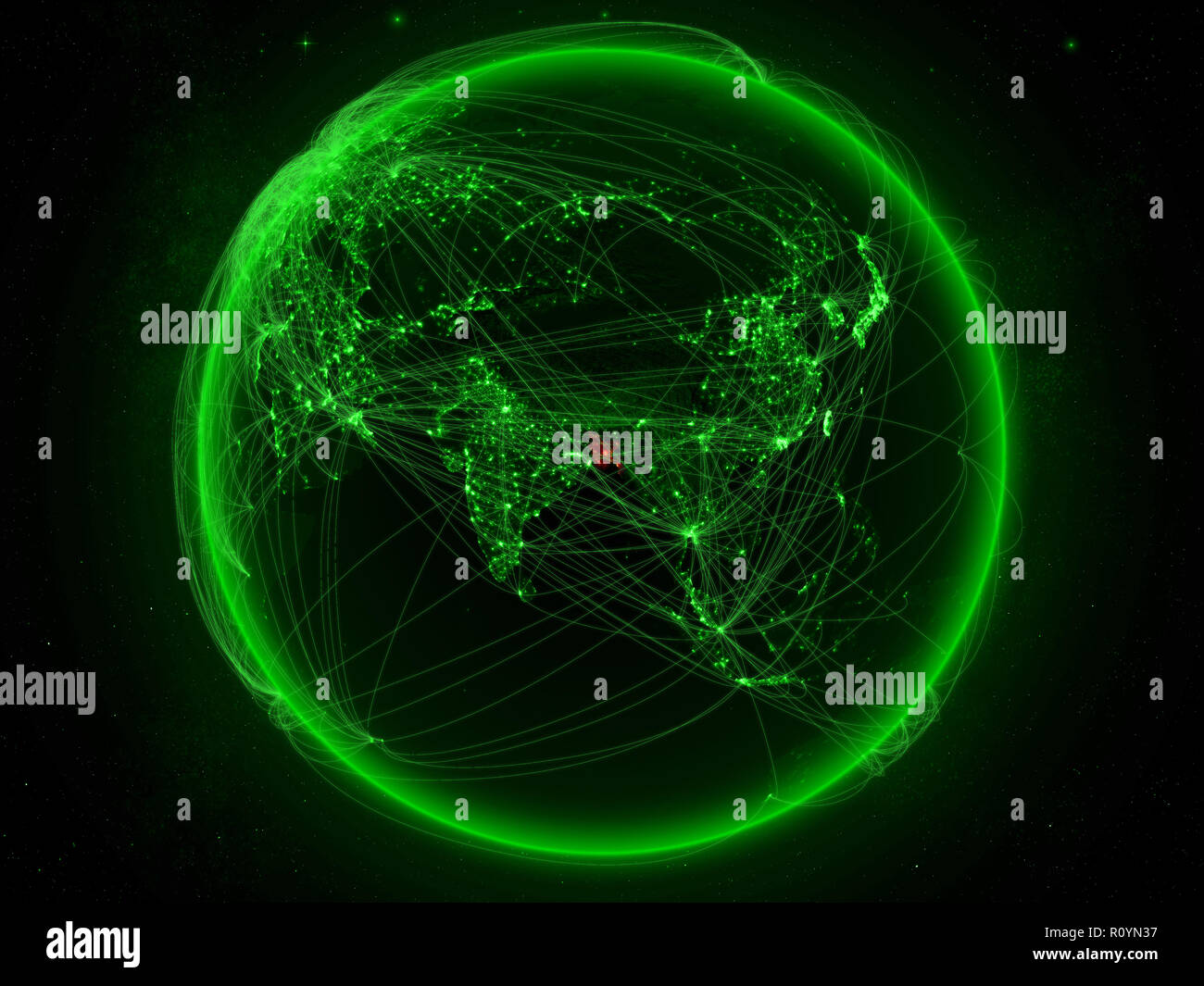 Bangladesh dallo spazio sul pianeta Terra con rete verde che rappresenta la comunicazione internazionale, la tecnologia e la corsa. 3D'illustrazione. Elementi del Foto Stock