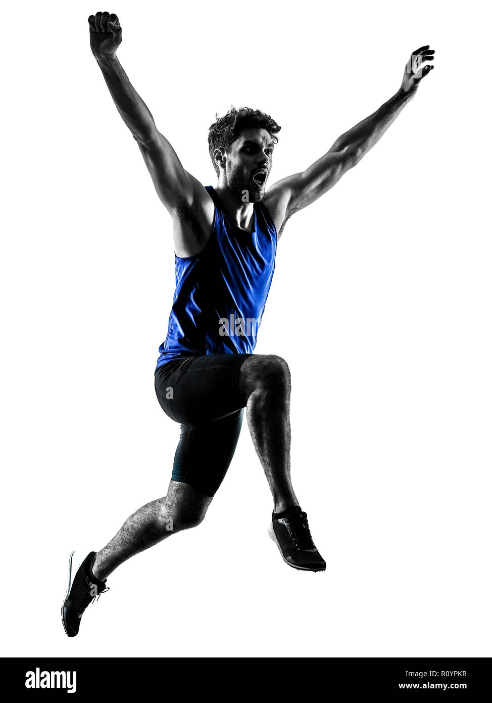 Un caucasian runner sprinter in esecuzione in volata atletica silhouette uomo isolato su sfondo bianco Foto Stock