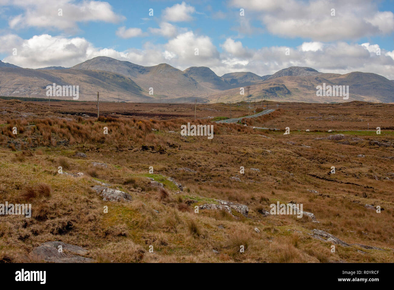 Il traffico su un bog road in tutta l'Irlanda con la montagna di Connemra County Galway in background. N59 Leenane a Clifden con torba boglands adiacenti. Foto Stock