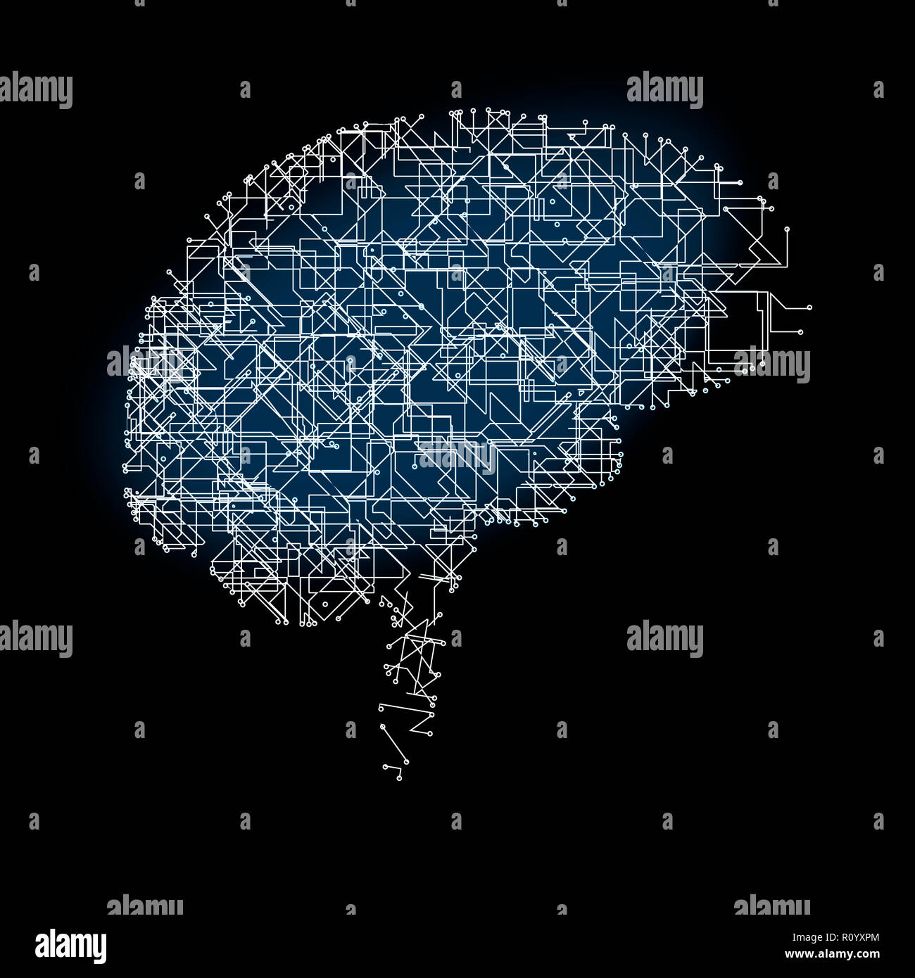 Immagine digitale del cervello umano anatomia delle reti artificiali su sfondo nero Foto Stock